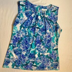Calvin Klein Floral Sleeveless Blouse Size L Blue Teal Keyhole Back